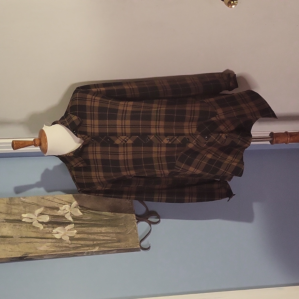 Susan Graver Button Down Blouse Top Black brown Plaid Small Asymmetrical